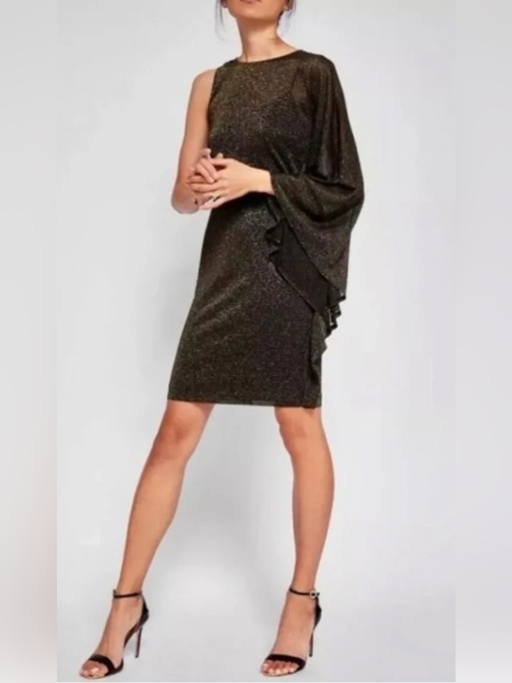 Ted Baker Black and Gold Metallic One-Shoulder Draped Dress